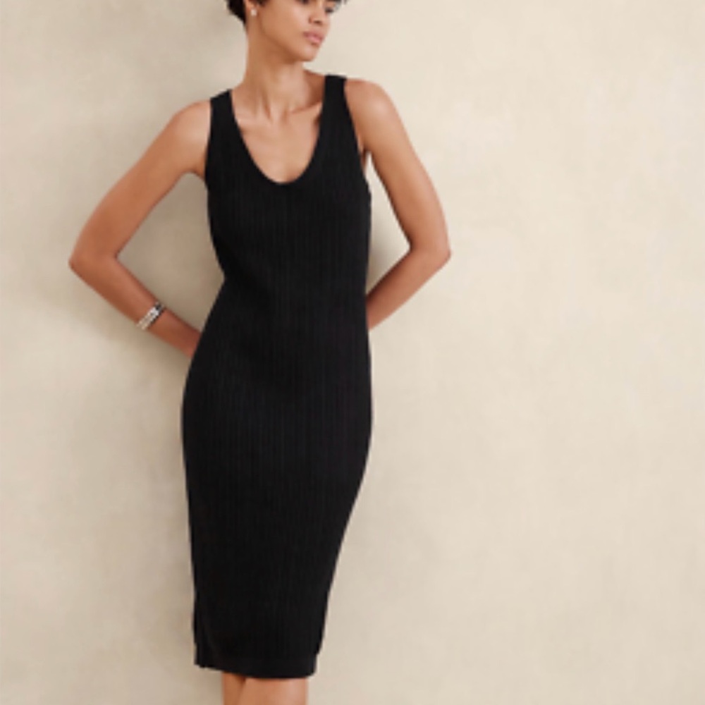 Cotton blend ribbed knit V-neck Black Sleeveless Dress L